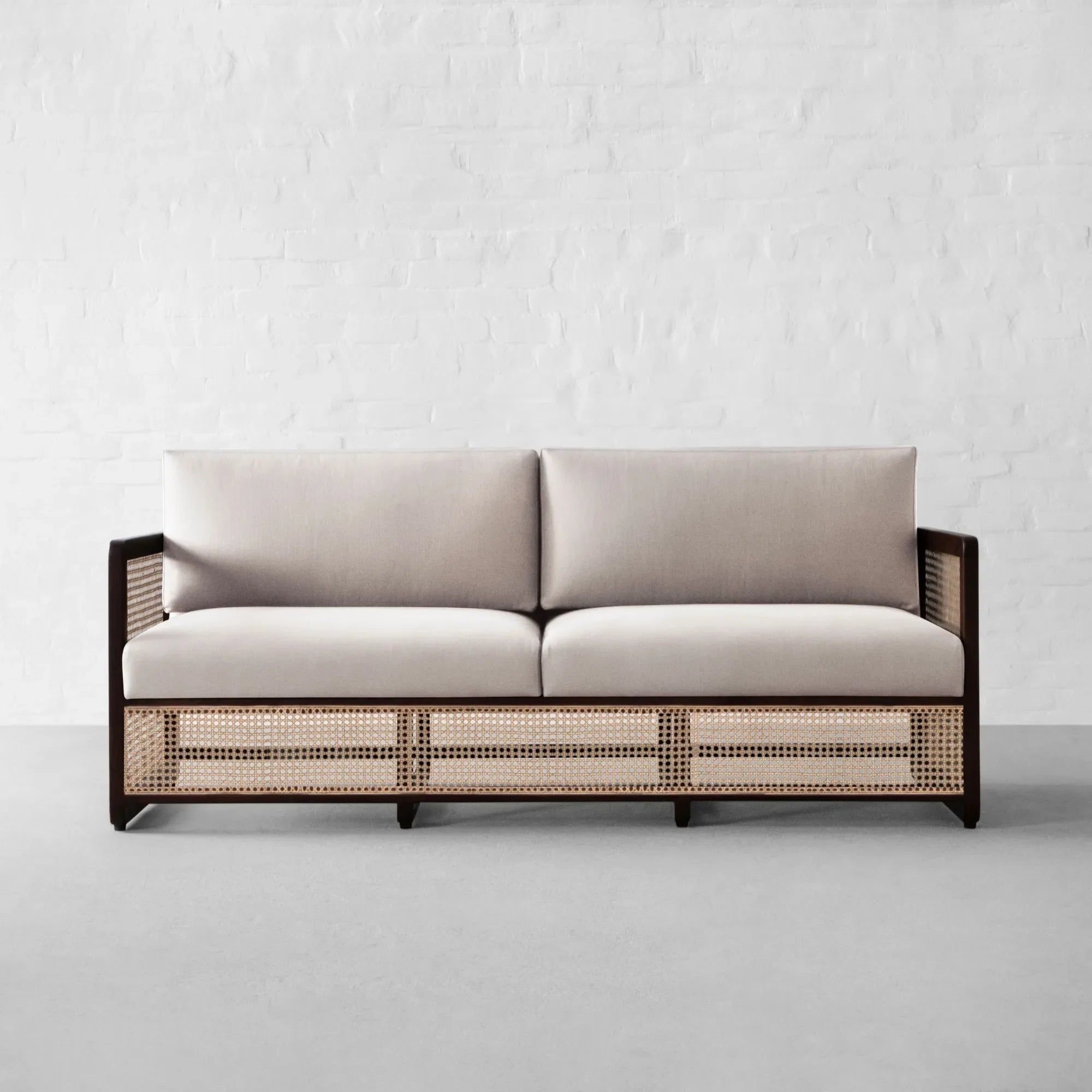 Stylish Rattan Fabric Sofa - Solid Oak Wood Slat Frame Modern Couch