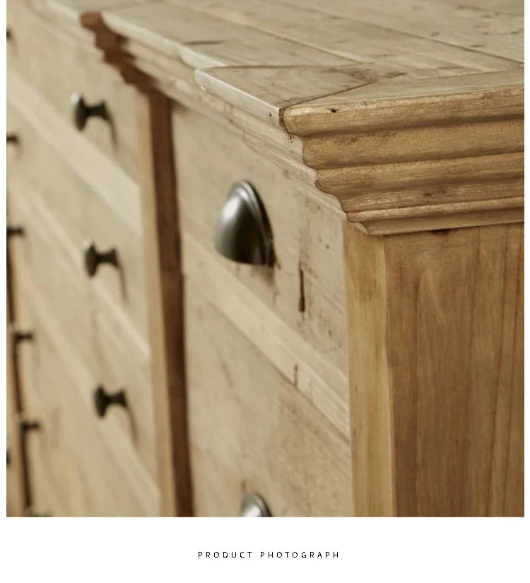 Rustic French Reclaimed Fir Wood Sideboard Cabinet with Multiple Storage Drawers
