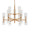 Gold chandelier with clear glass shades on a white background