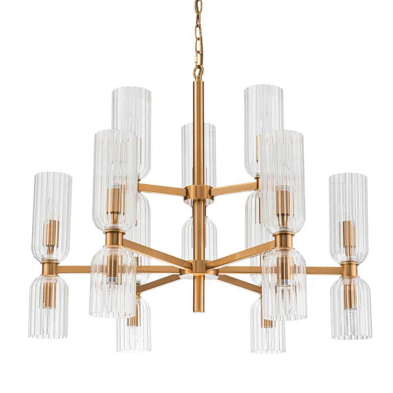 Gold chandelier with clear glass shades on a white background