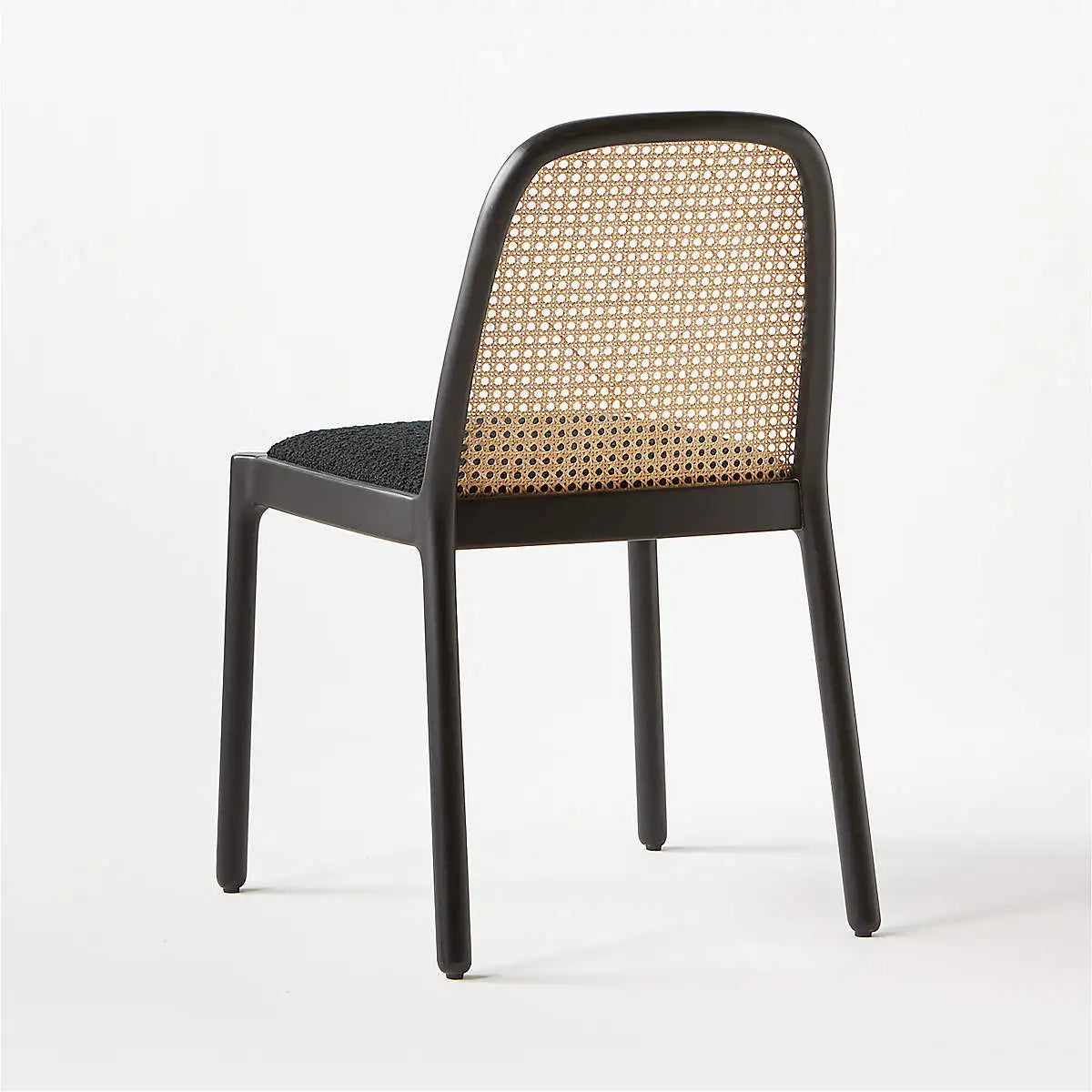 Elegant Black Oak Wood Rattan Cane Back Boucle Upholstered Dining Chair Comfortable