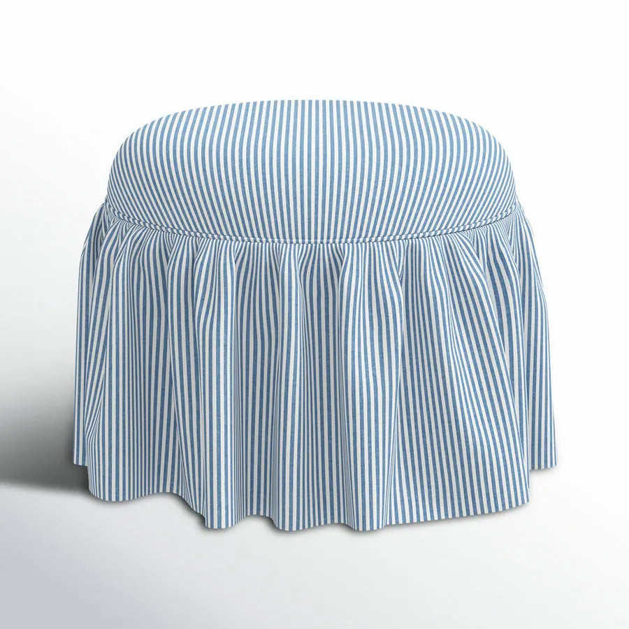 French Country Checkered Fabric Upholstered Round Ruffled Skirt Ottoman