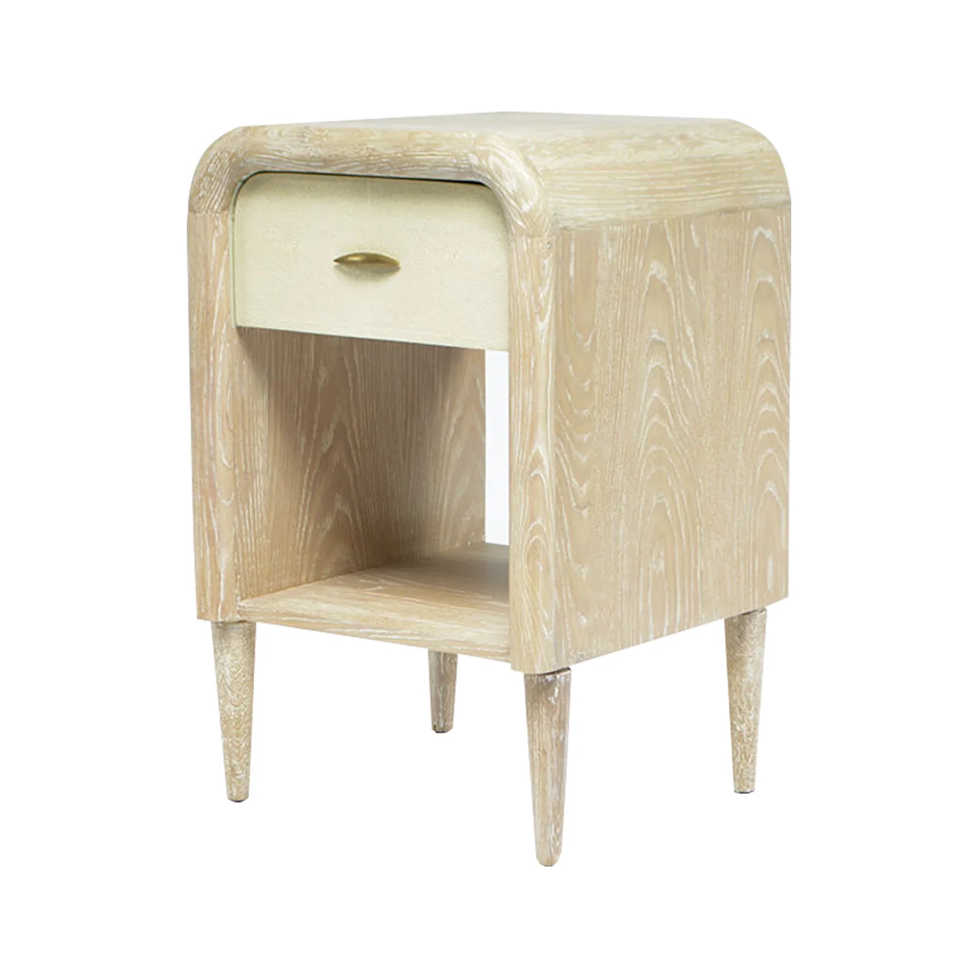 Elegant Cerused Oak Bedside Table: Rounded Frame, Tapered Legs, Single Drawer Nightstand