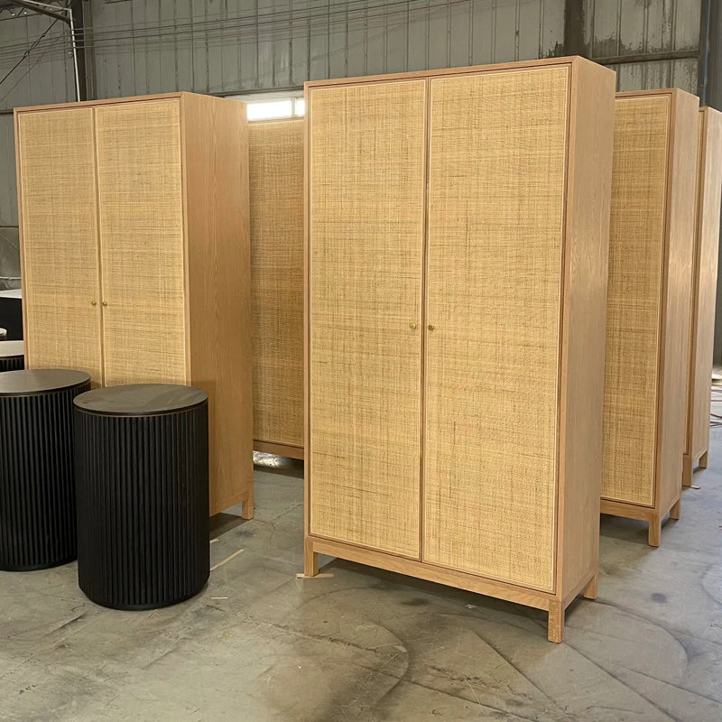 Modern Rattan Wine Bar Cabinet, Two-Door Tall Storage, Solid Oak Wood