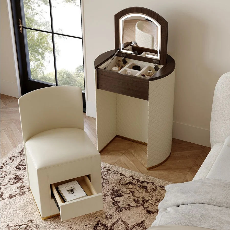 Elegant Mid-Century Modern Leather Vanity Set with Mirror, Dresser