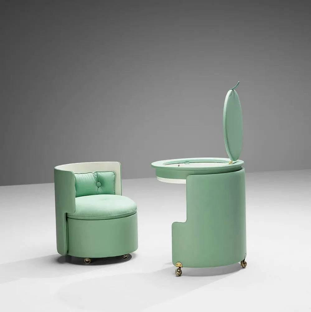 Mid-Century Modern Green Vanity Set with Lighted Mirror and Stool