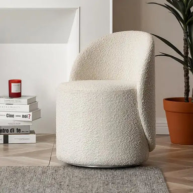 Chic Nordic Boucle Swivel Vanity Stool, White Low-Back Accent Chair