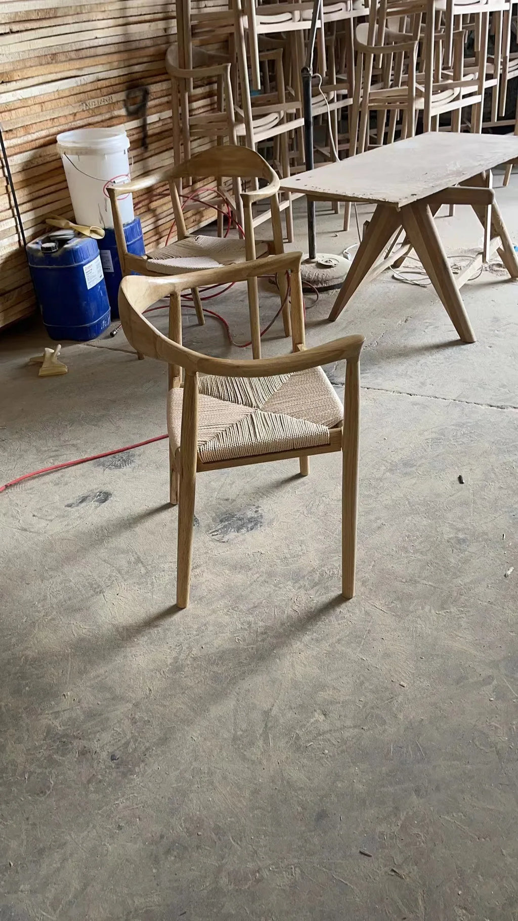 Elegant Solid Oak Stackable Dining Chair - Curved Back Woven Rope Seat