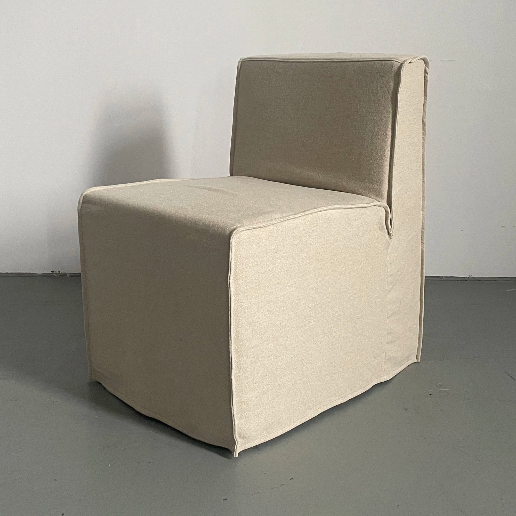Modern Armless Wood Frame Dining Chair, Upholstered Linen Fabric Accent Sofa