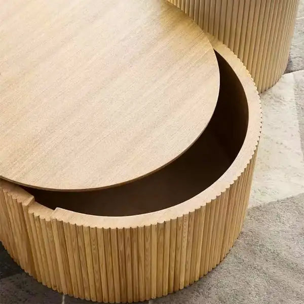 Elegant Fluted Barrel Oak Coffee Table with Storage for Modern Living Rooms