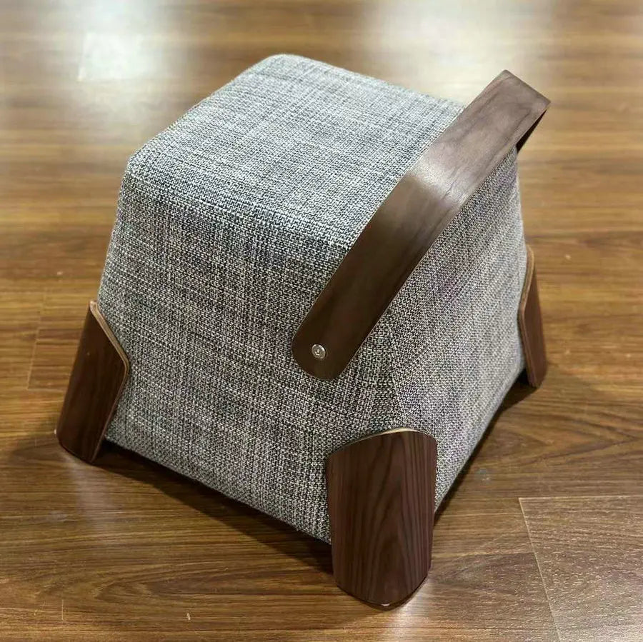 Chic Fabric Square Ottoman Stool - Solid Walnut Wood Portable Bench
