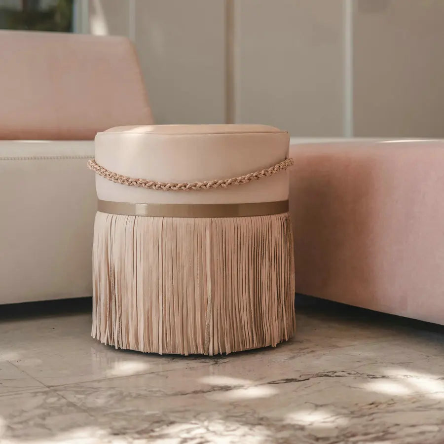 Modern Esthetic Leather Fringes Ottoman with Chain Handle Tassel Pouf