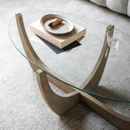 Japandi Oak Tempered Glass Coffee Table: Wabi Sabi Modern Minimalist Design Living Room