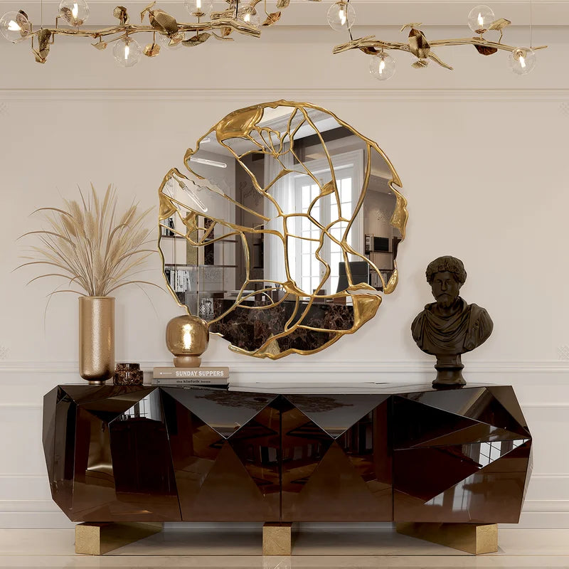 Elegant Italian Light Luxury Round Bronze Accent Decorative Wall Mirror