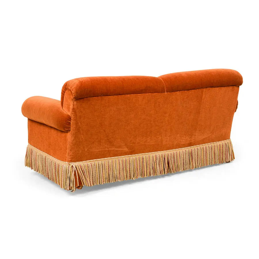 Mid-Century American Rust Velvet Fringed Sofa for Elegant Living Spaces