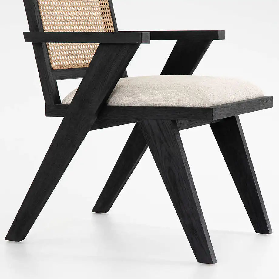 Chic Black Oak Cane Rattan Dining Chair with Upholstered Armrests