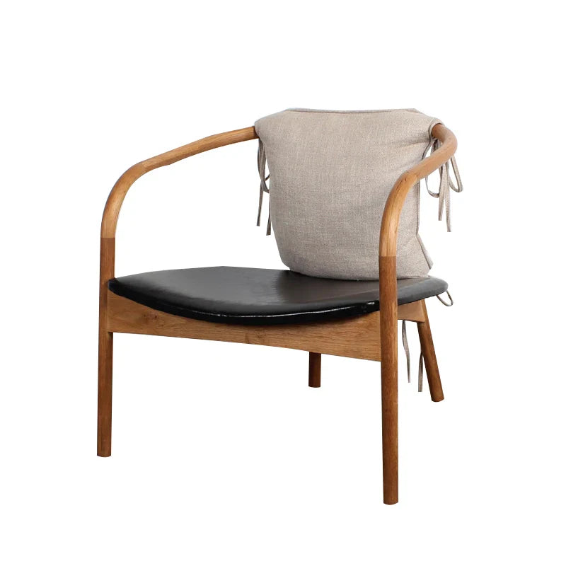 Premium Retro Solid Oak Frame Leather Lounge Chair with Upholstered Back