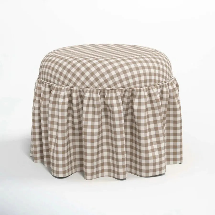 French Country Checkered Fabric Upholstered Round Ruffled Skirt Ottoman