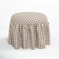 French Country Checkered Fabric Upholstered Round Ruffled Skirt Ottoman