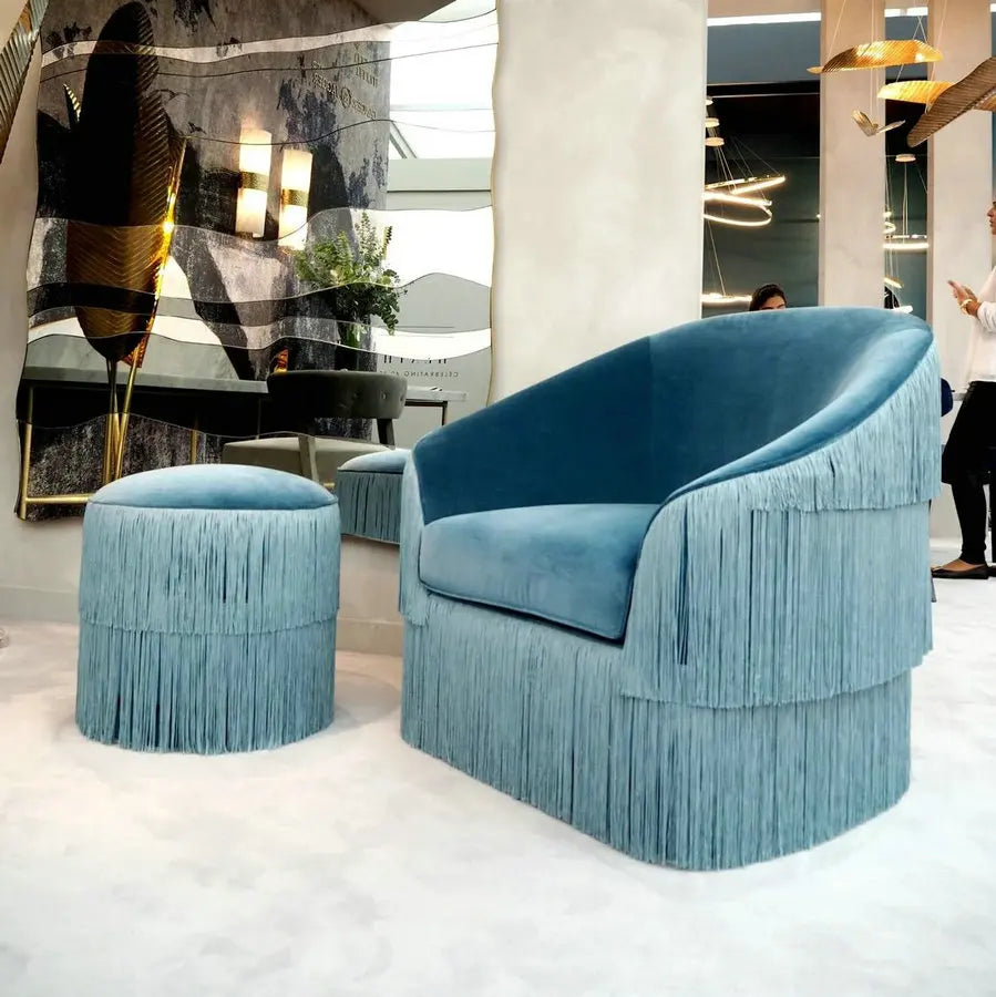 High-End Velvet Round Ottoman Fringed Foot Stool Tassels Living Room