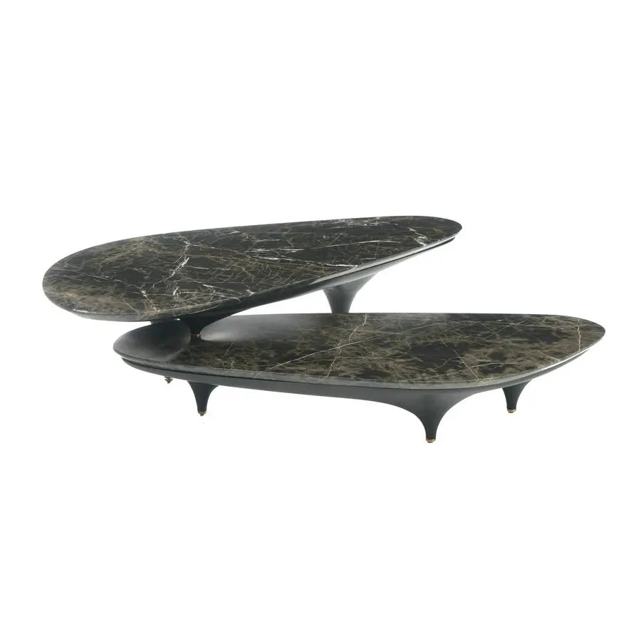 Elegant Nordic Nesting Black Travertine Marble & Walnut Wood Coffee Table