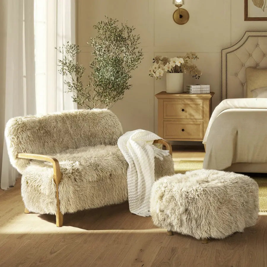 Nordic Vintage Sheepskin Loveseat Sofa, Solid Wood L-Shape Accent Couch
