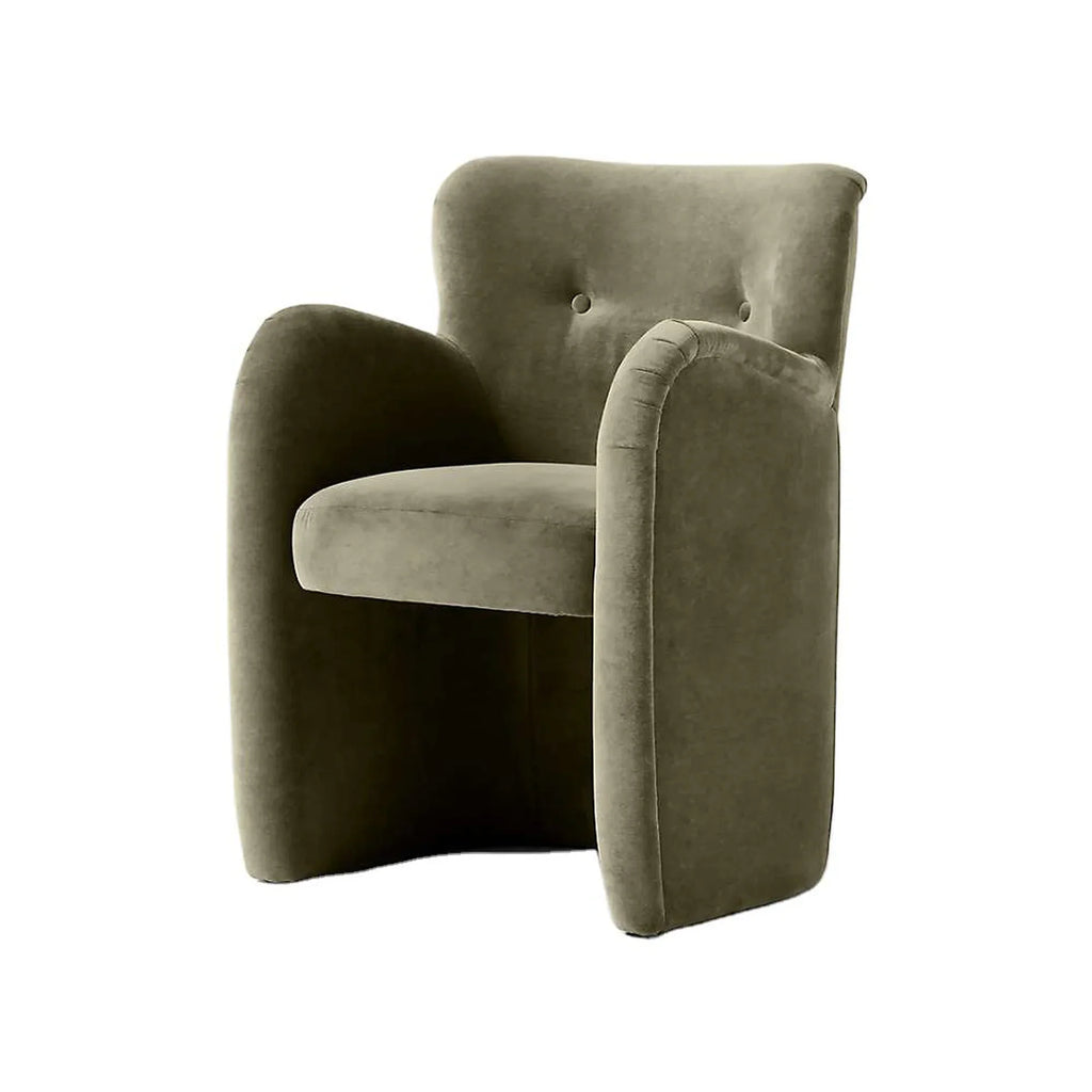 Luxurious Olive Green Velvet Dining Chair with Button Tufting & Oak Frame