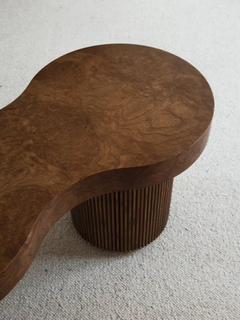 Elegant Nordic Fluted Oak Bench with Burl Top - Modern Indoor/Outdoor Seating