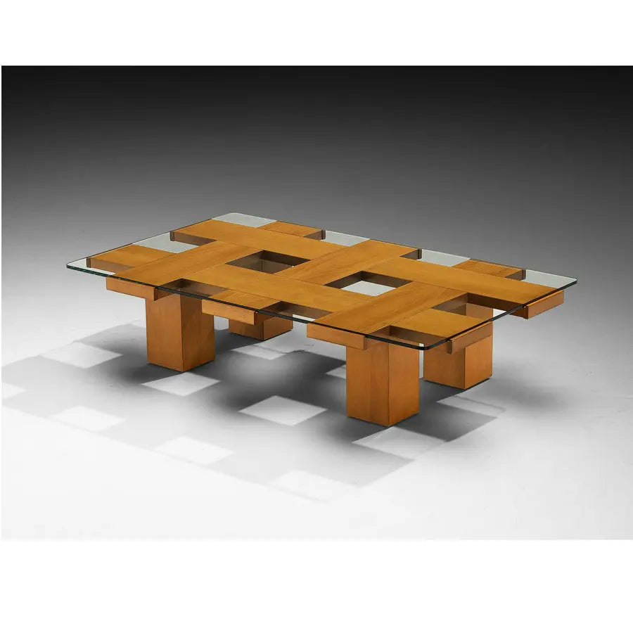 Elegant Mid-Century Walnut Wood Rectangular Glass Top Hotel Coffee Table