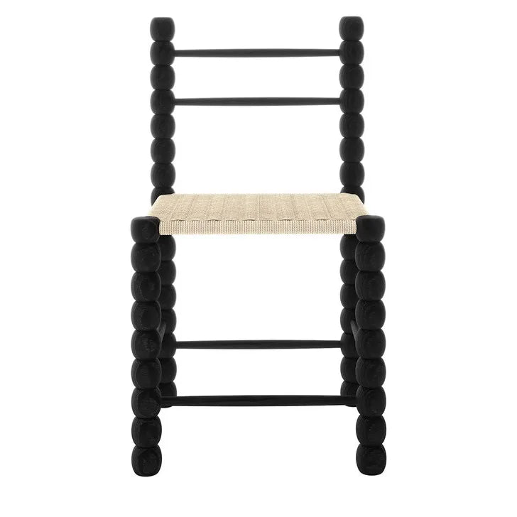 Elegant Black Solid Oak Bobbin Dining Chair with Hand-Woven Rope Seat