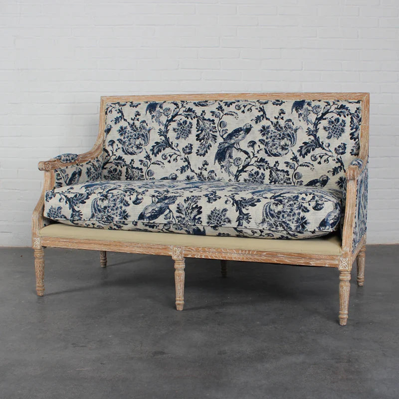 Chic French Solid Oak 2-Seat Upholstered Linen Sofa for Events & Home
