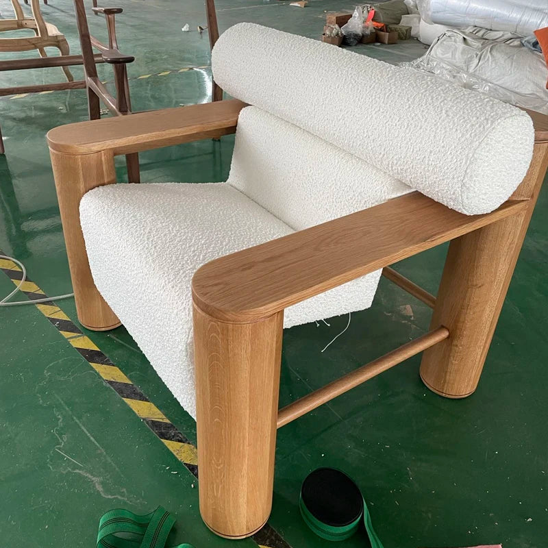 Elegant White Boucle Solid Oak Accent Chair: Modern Leisure Sofa Armchair