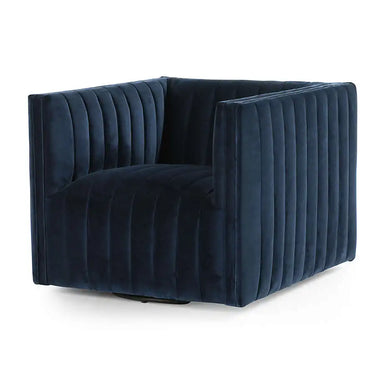 Luxurious Blue Velvet Swivel Club Chair: Modern Channel Tufted Home & Hotel Seating