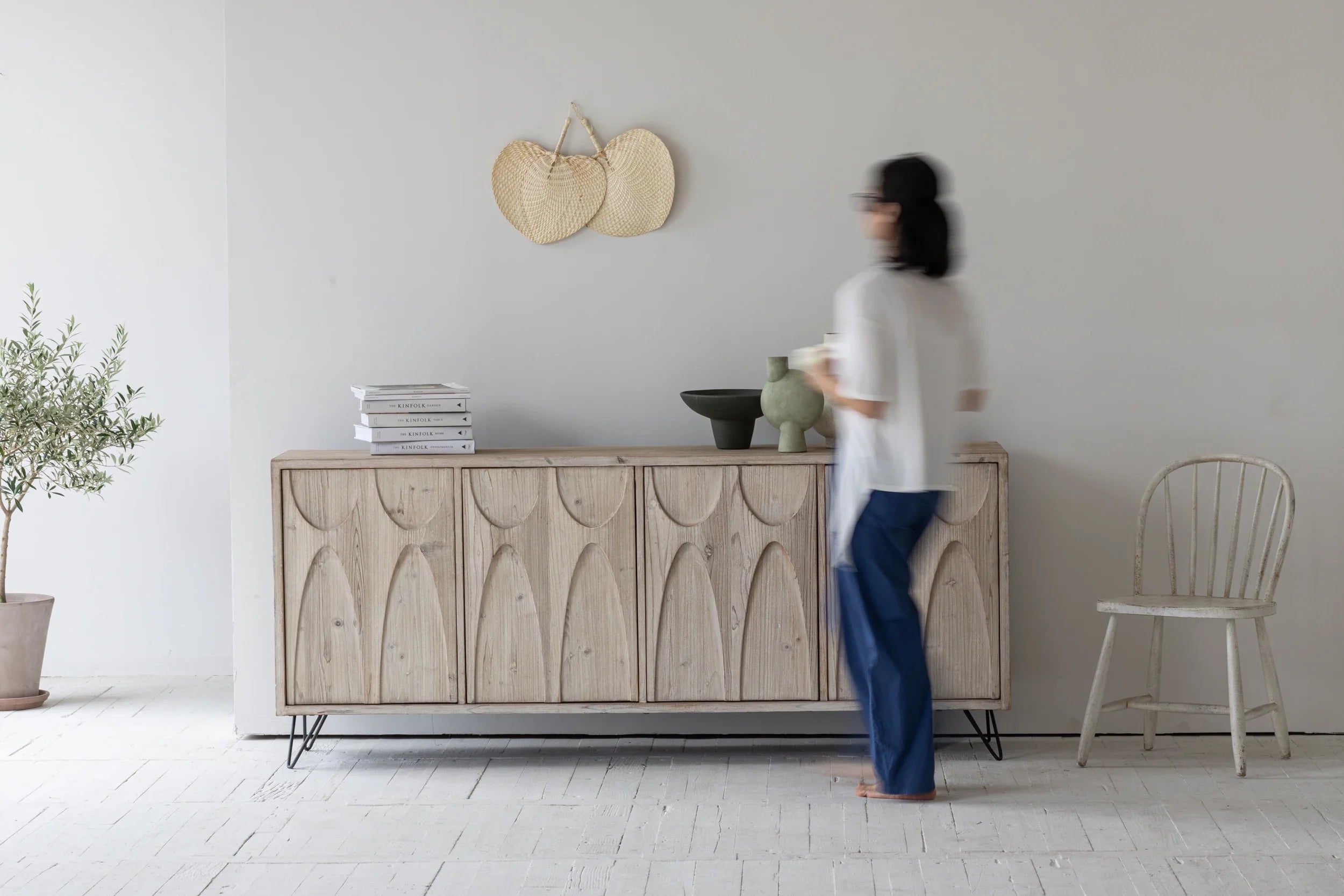 Elegant Japandi French Louis Recycled Pine Sideboard Cabinet for Living Room