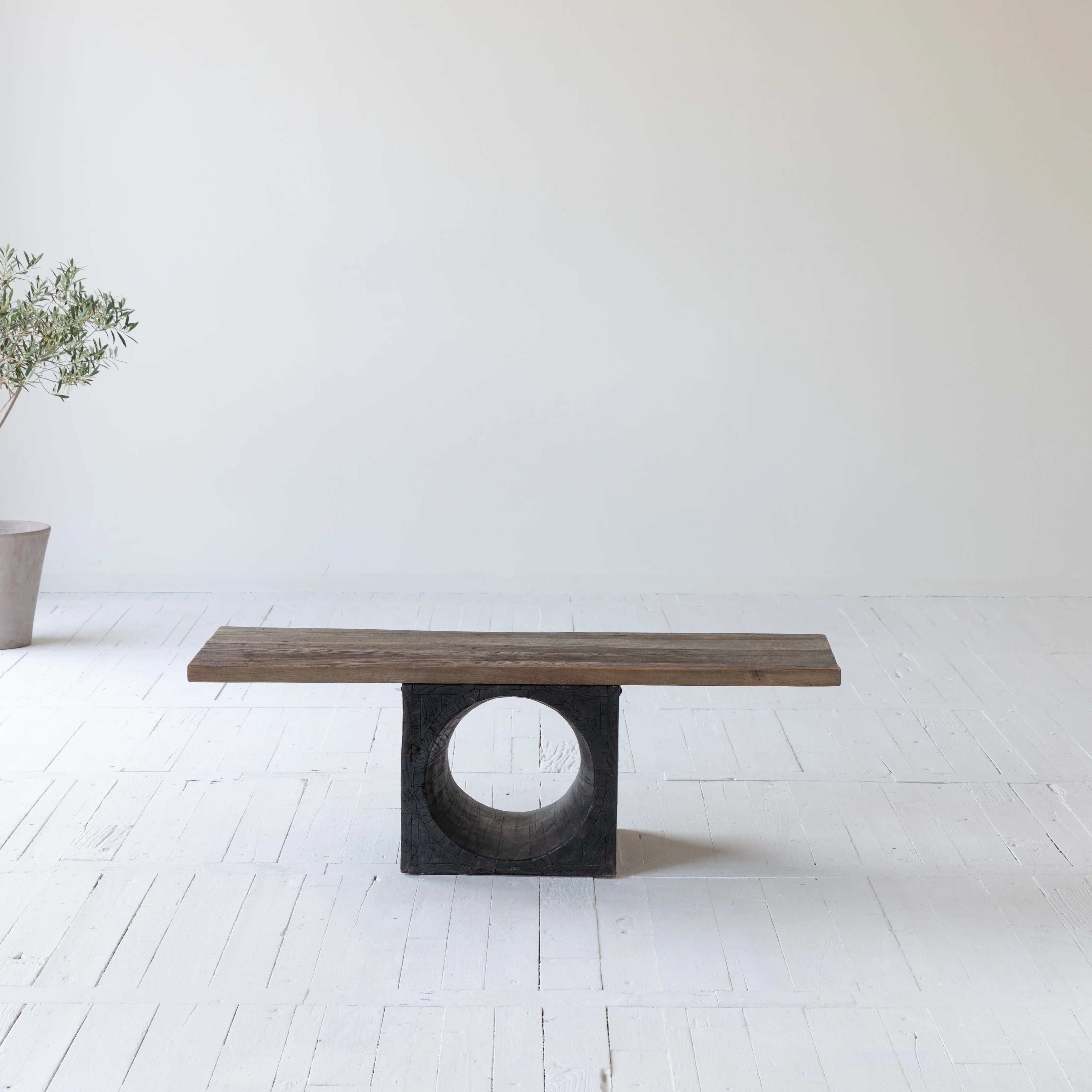 Elegant Mid-Century Arc Deco Recycled Elm Wood Coffee Table, Natural Top