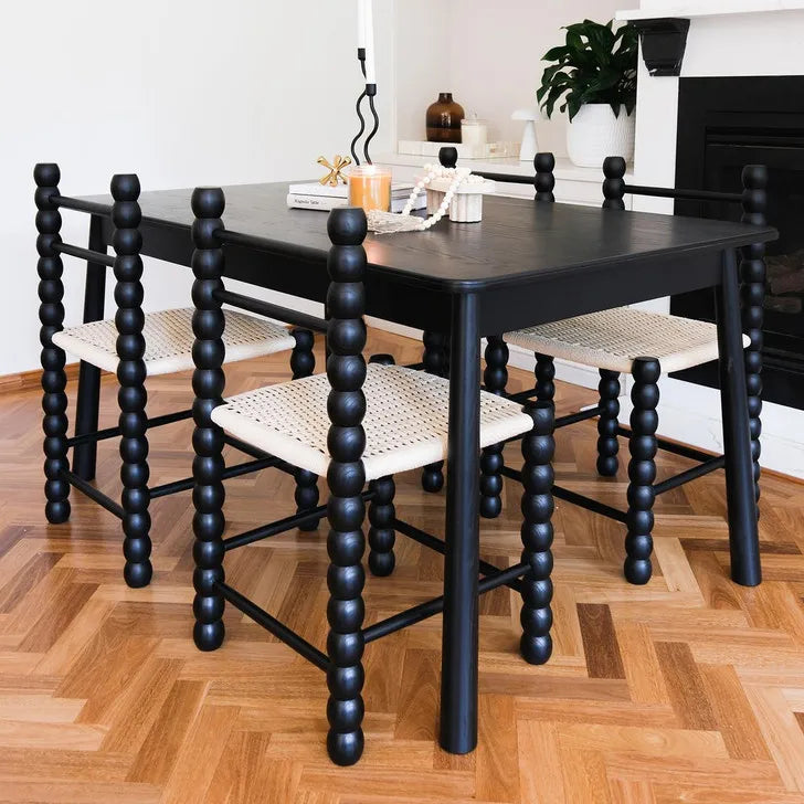 Elegant Black Solid Oak Bobbin Dining Chair with Hand-Woven Rope Seat