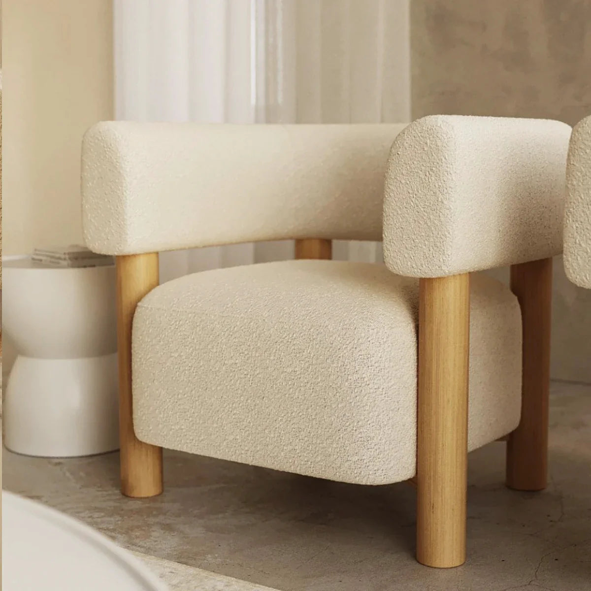 Chic Modern Oak Wood Boucle Low Back Lounge Chair for Living Room
