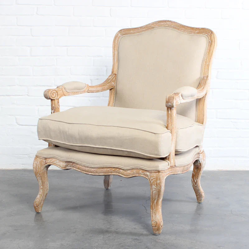 Elegant French Solid Oak Living Room Armchair: Linen/Velvet Upholstered Leisure Chair