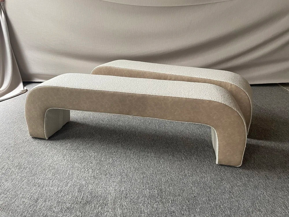 Luxurious Boucle Accent Bench: Arch Design, Wood Frame for Bedroom & Entryway