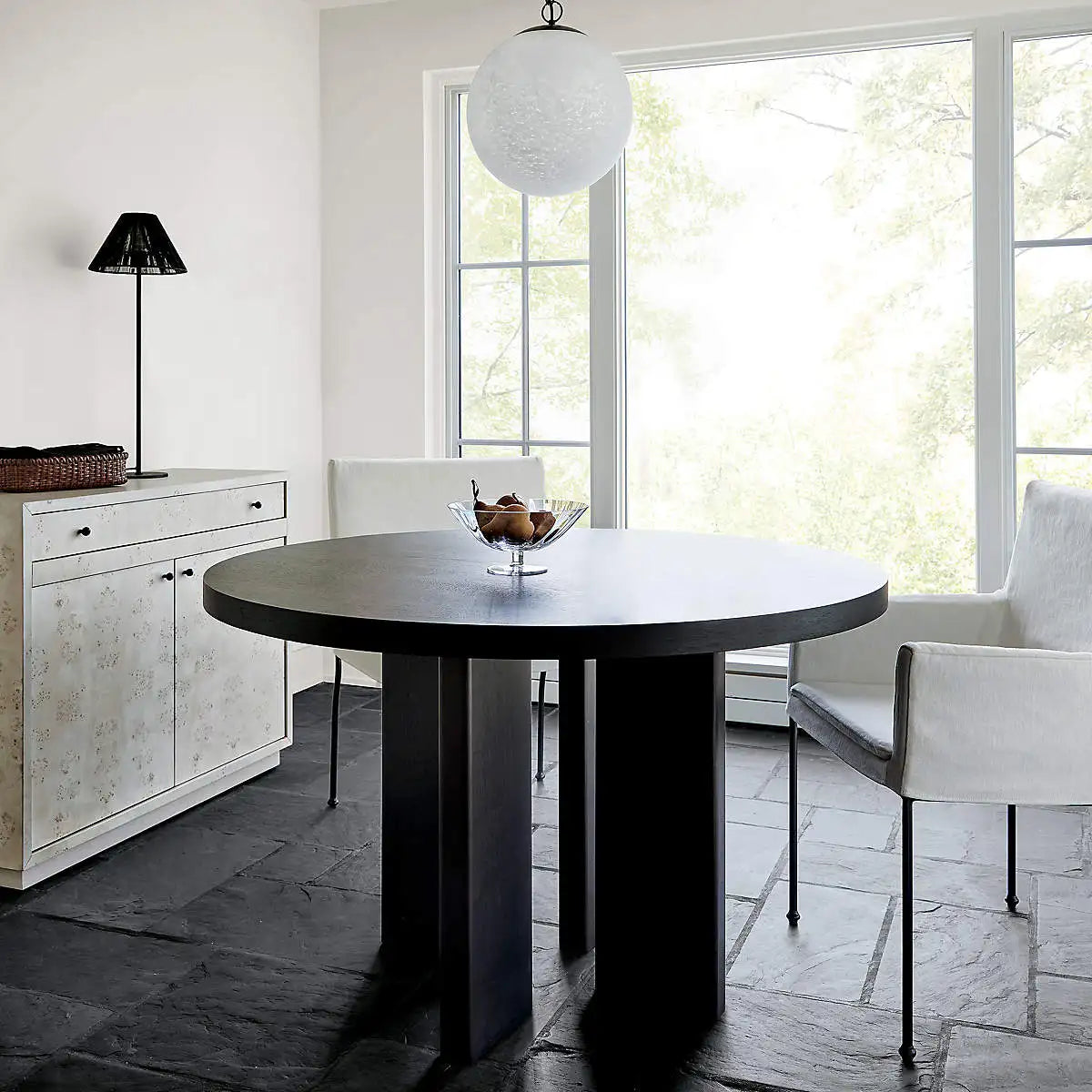 Modern Round Oak Wood Dining Table, Geometric Black Legs, Stylish Design