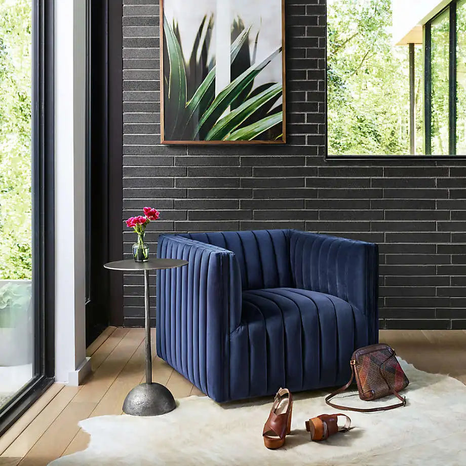 Luxurious Blue Velvet Swivel Club Chair: Modern Channel Tufted Home & Hotel Seating