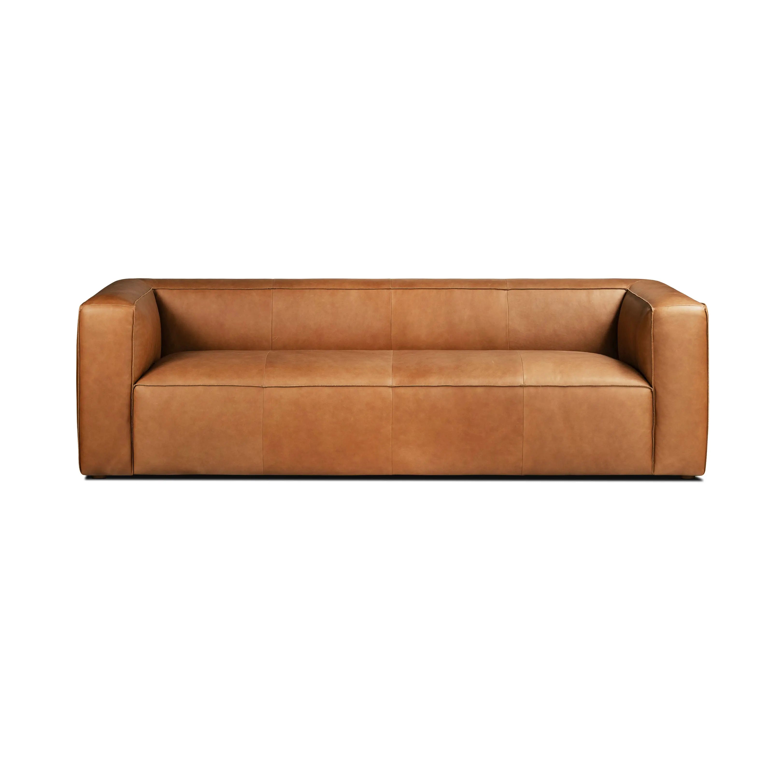 Modern 3-Seat Cognac Tan Leather Sofa Couch for Living Room Spaces