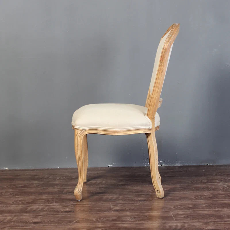 Elegant French Classic Carved Oak Dining Chair with Linen Upholstery