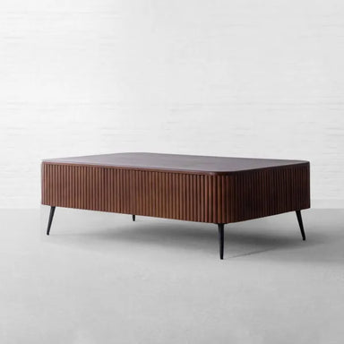Elegant Solid Oak Wood Slat-Frame Coffee Table with Rounded Edges Storage