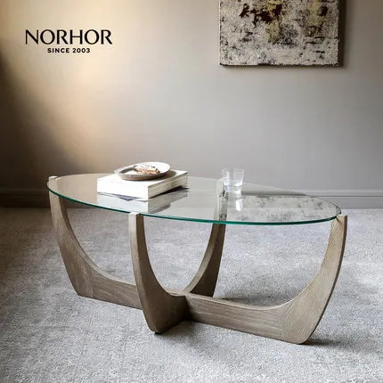 Japandi Oak Tempered Glass Coffee Table: Wabi Sabi Modern Minimalist Design Living Room