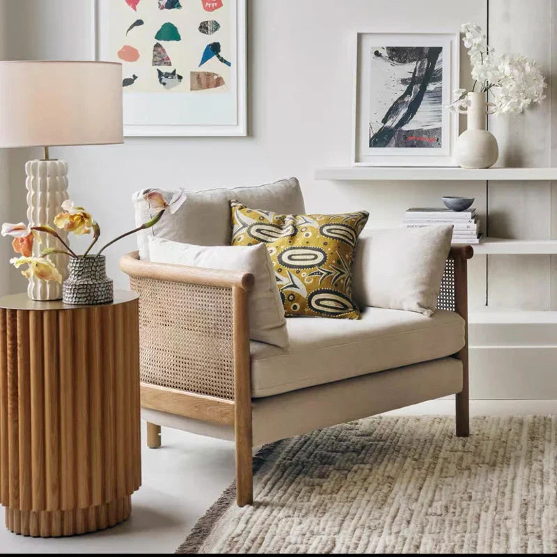 Modern Natural Rattan Wood Frame Armchair for Living Room Occasional Seating