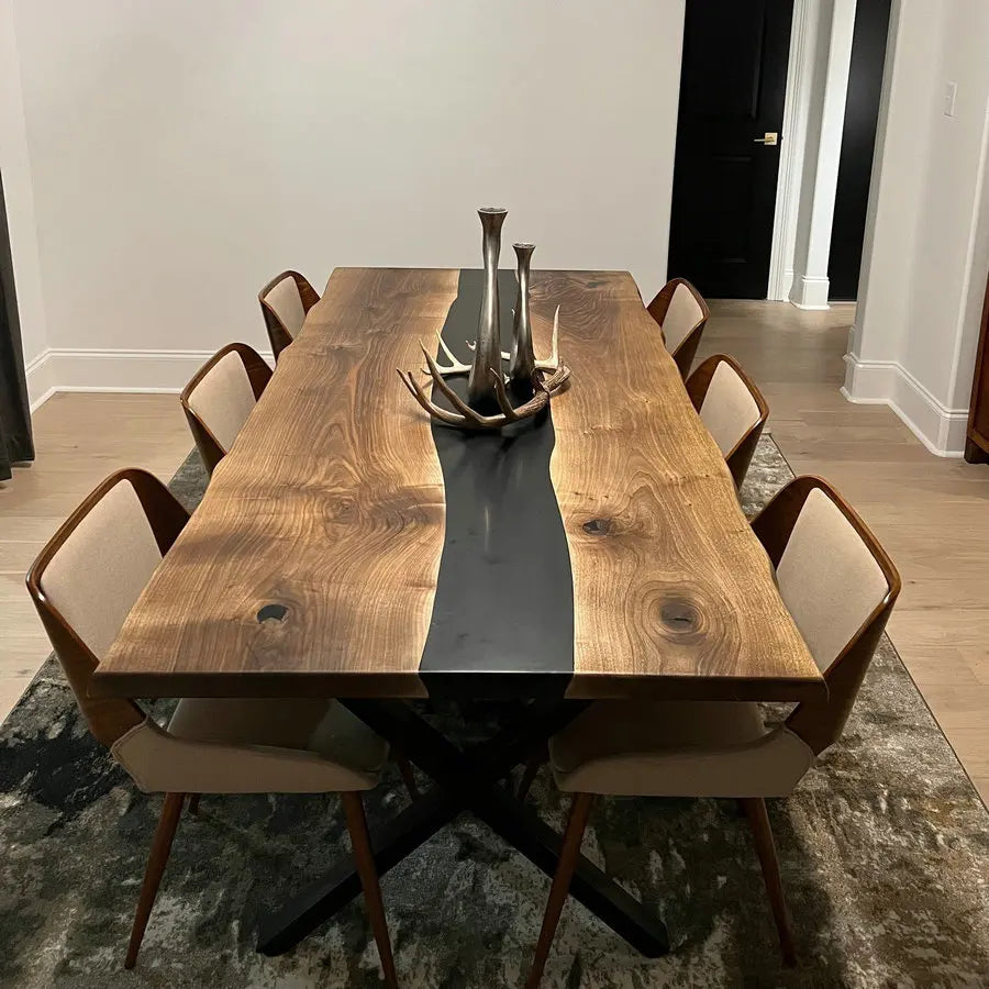Stunning Black Walnut Live Edge Epoxy Resin Slab Dining Table for Home