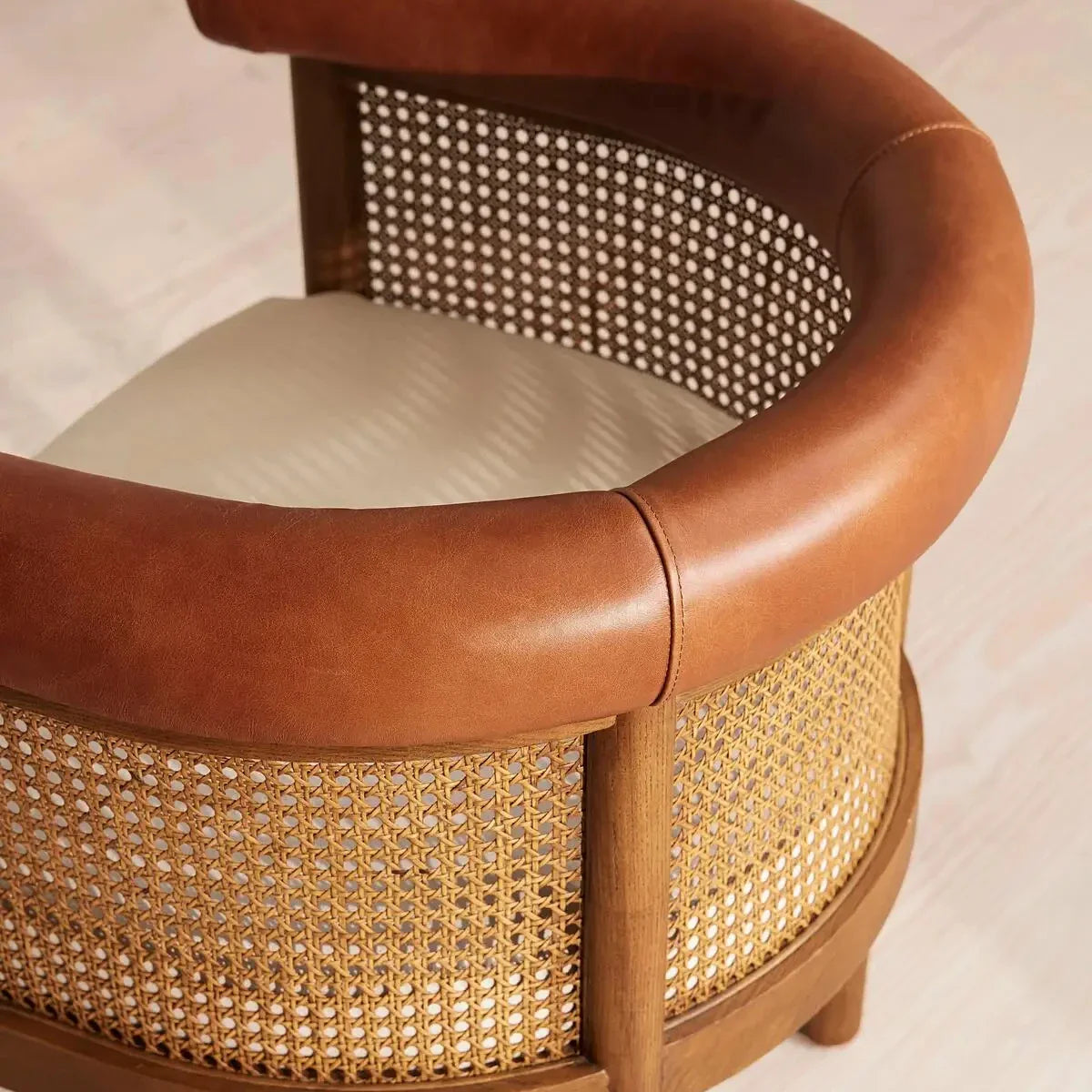 Nordic Solid Oak Dining Chair with Cane Back and Leather Armrest