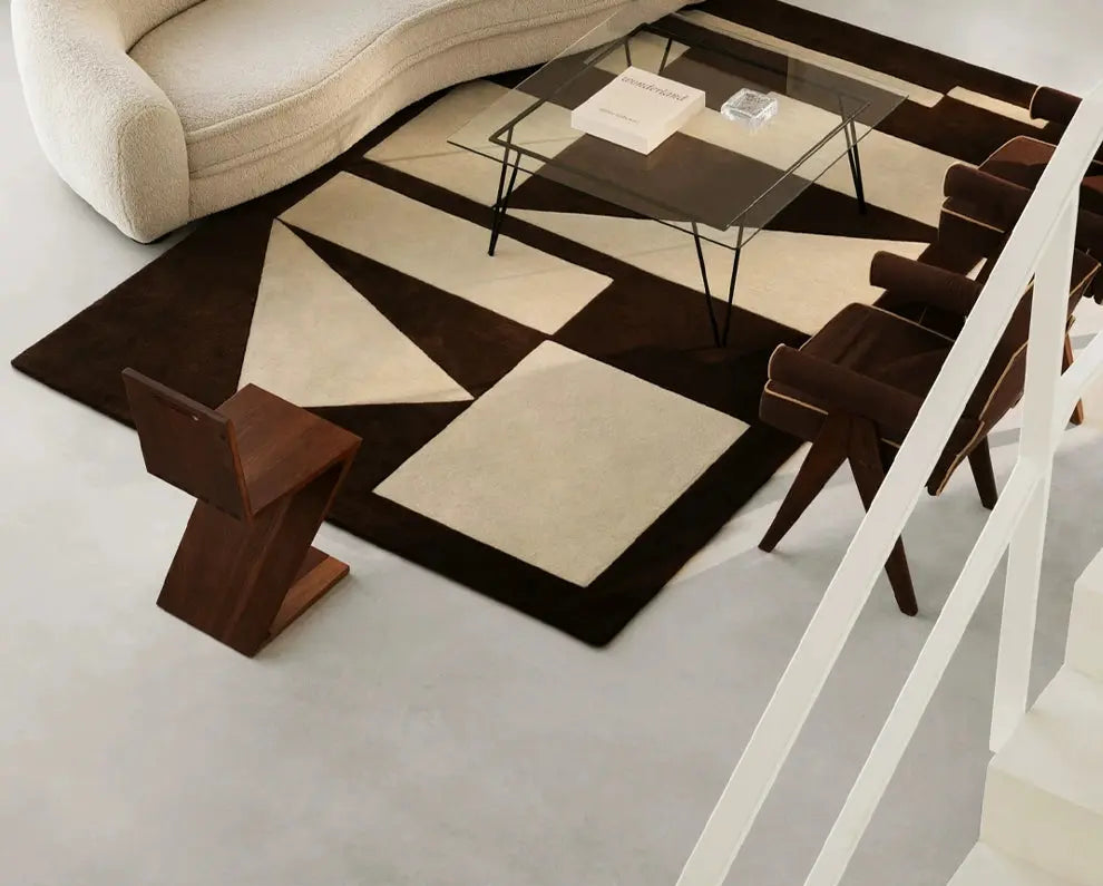 Interior designer styling session featuring the Cressida Nordic French Style Rug in a minimalist Adelaide apartment.