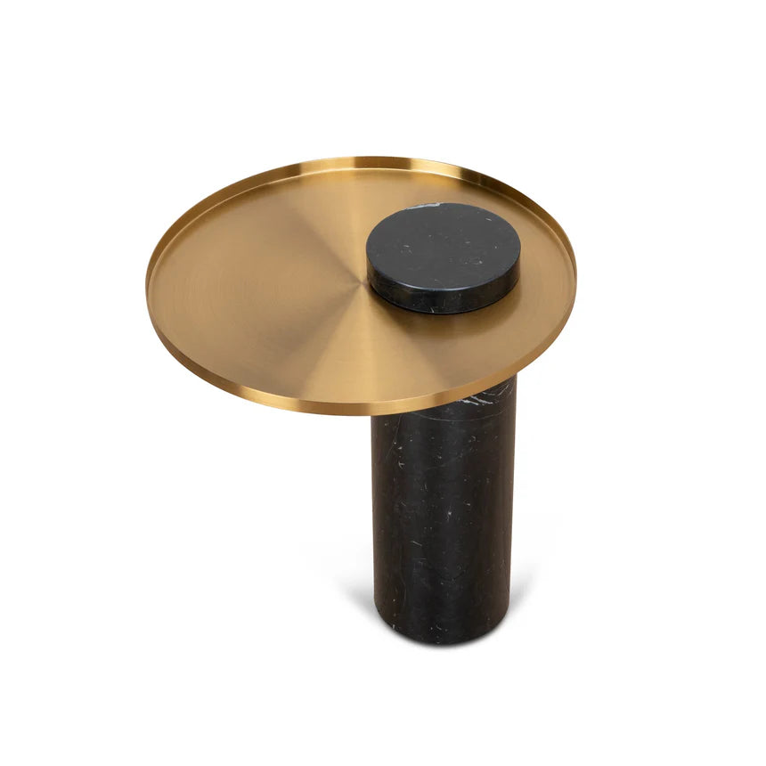 Marcela 40cm Round Brushed Gold Side Table - Black Marble